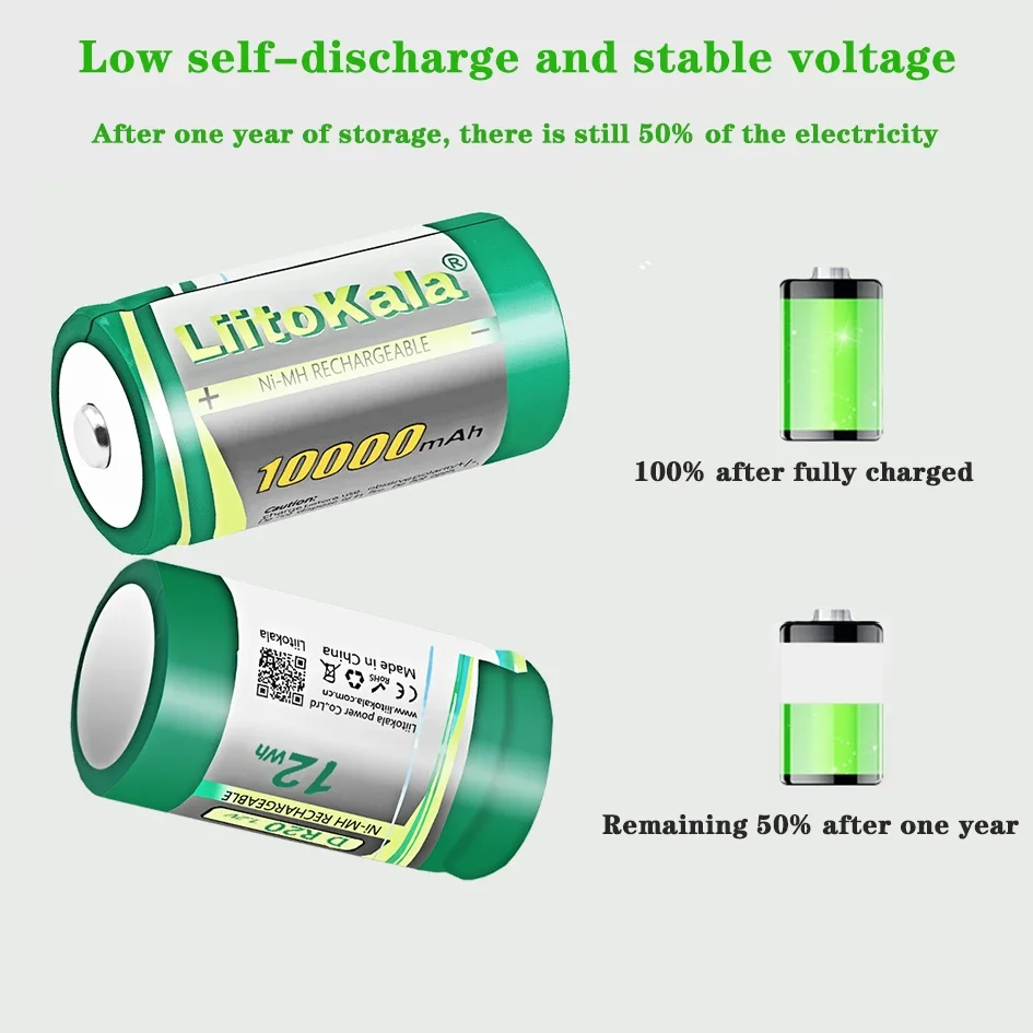 LiitoKala 1.2V 高容量 10000mAh NiMH 充電式電池 D/R20 サイズ 超低自己放電で長期使用可能