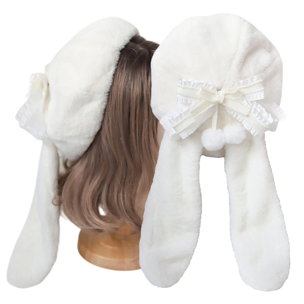 Japanische Lolita-Stil, süße Schleife, Hasenohren, Plüsch-Baskenmütze für Damen, Herbst, Winter, Reisefoto, vielseitige süße Malerhüte