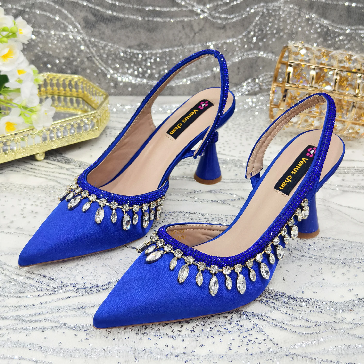 2025 Fashion Pointed Toe High Heels Shoes and Bags Set With Rhinestone for Women Wedding Party Elegant Luxury Fashion in Blue