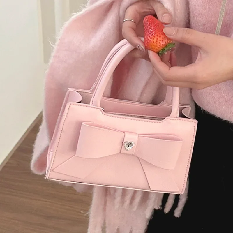 MBTI Pink Womens Handbag Cute Bow Small Pu Leather Fashion Elegant Casual Shoulder Bag Literary Advanced Female Crossbody Bag