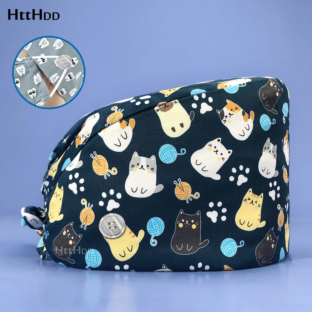 Cartoon Cute Cat Print Scrub Caps Veterinarian Pet Hospital Doctor Cleaning Work Hat Operating Room Nurse Medical Protective Cap