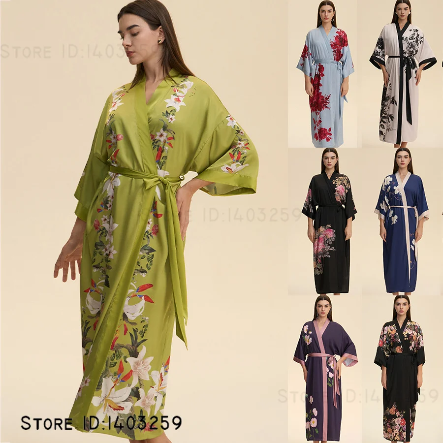 

Длинный халат большого размера, домашний халат, кимоно с цветочным принтом, халат, ночная одежда, элегантная свободная одежда для сна из ледяного шелка, домашняя одежда
