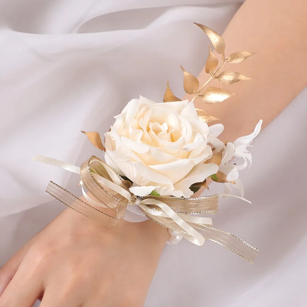 

X-15 Wedding Ceremony Bridal Rose Golden Leaf Pearl Wrist Flower Ball Banquet Decorative Wrist Flower
