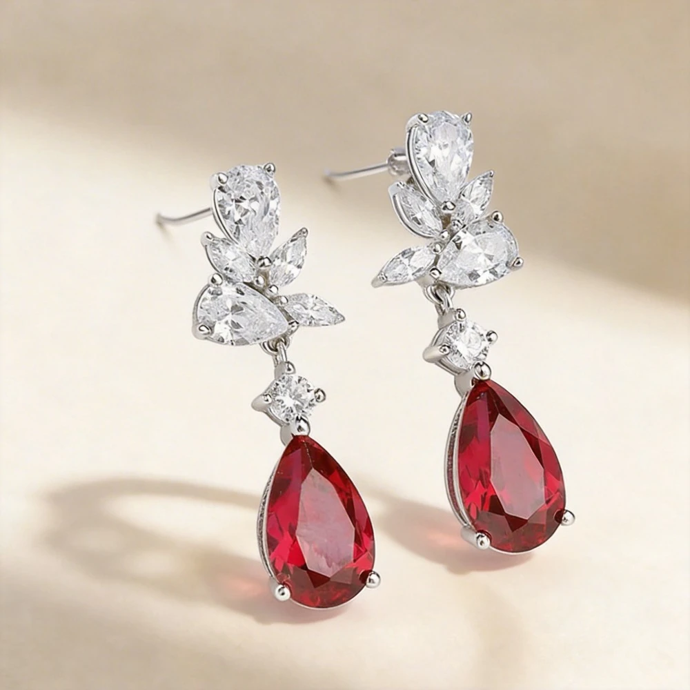 

100% S925 Sterling Silver Plated 18K 6ct Real Cultivated Ruby Earrings 5.6ct D Color Moissanite Drop Earrings for Women