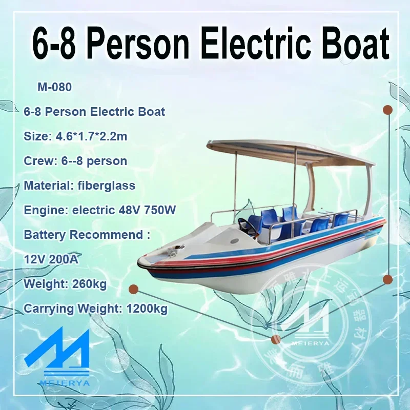 Newly Upgraded 6-8 People Environmentally Friendly Fiberglass Electric Boat With Solar Panels, Water Park And Amusement Sports