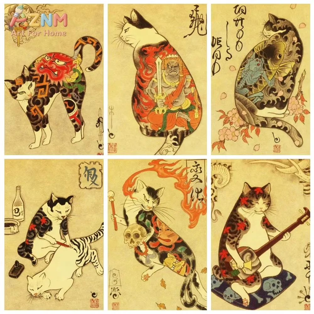 

1/6pcs Japanese Tattoo Samurai Cat 80S Retro Canvas Painting Wall Art Picture for Living Room Home Decor