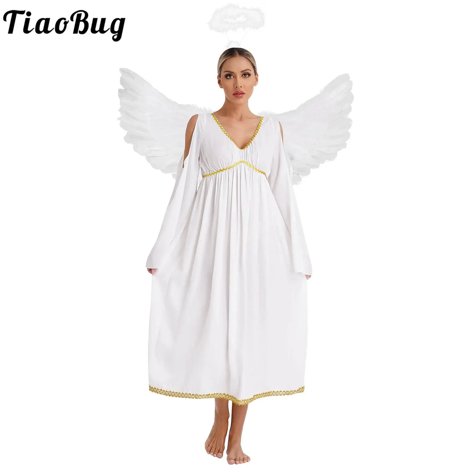 

Angel Costume for Woman White Greek God Robe Halloween Cosplay Costumes Role Play Carnival Performance Dress with Wings Set