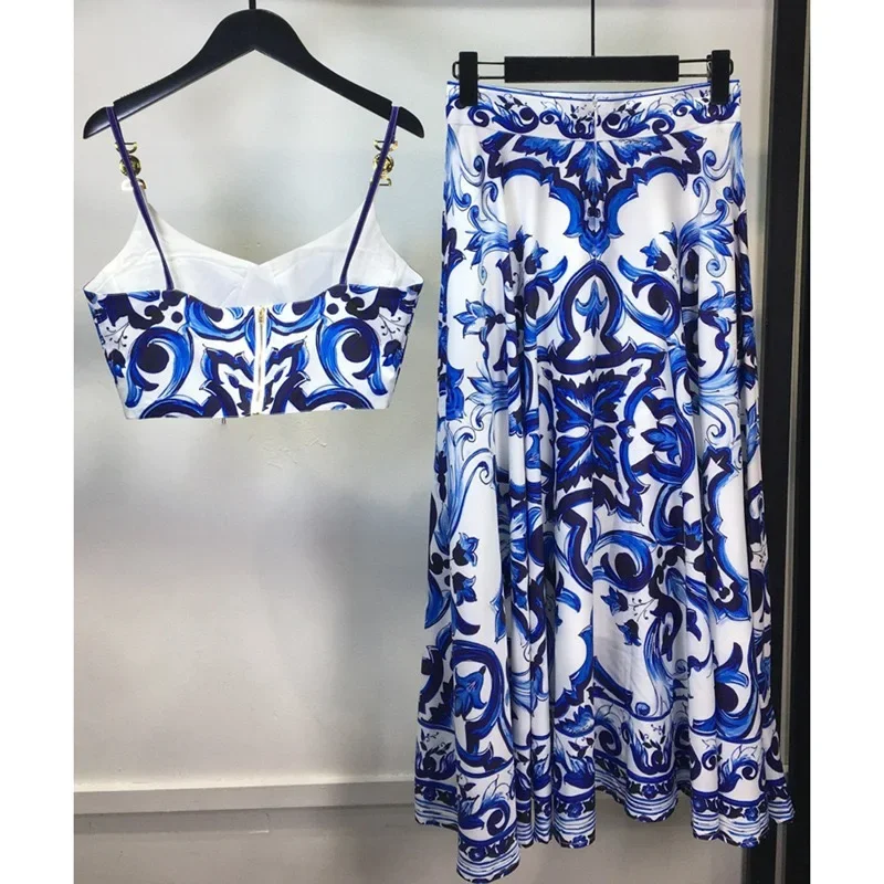 Nuevo vestido con dobladillo grande y falda con tirantes estampados, conjunto de dos piezas bohemio para vacaciones, conjunto de porcelana azul y blanca, falda larga elegante, trajes