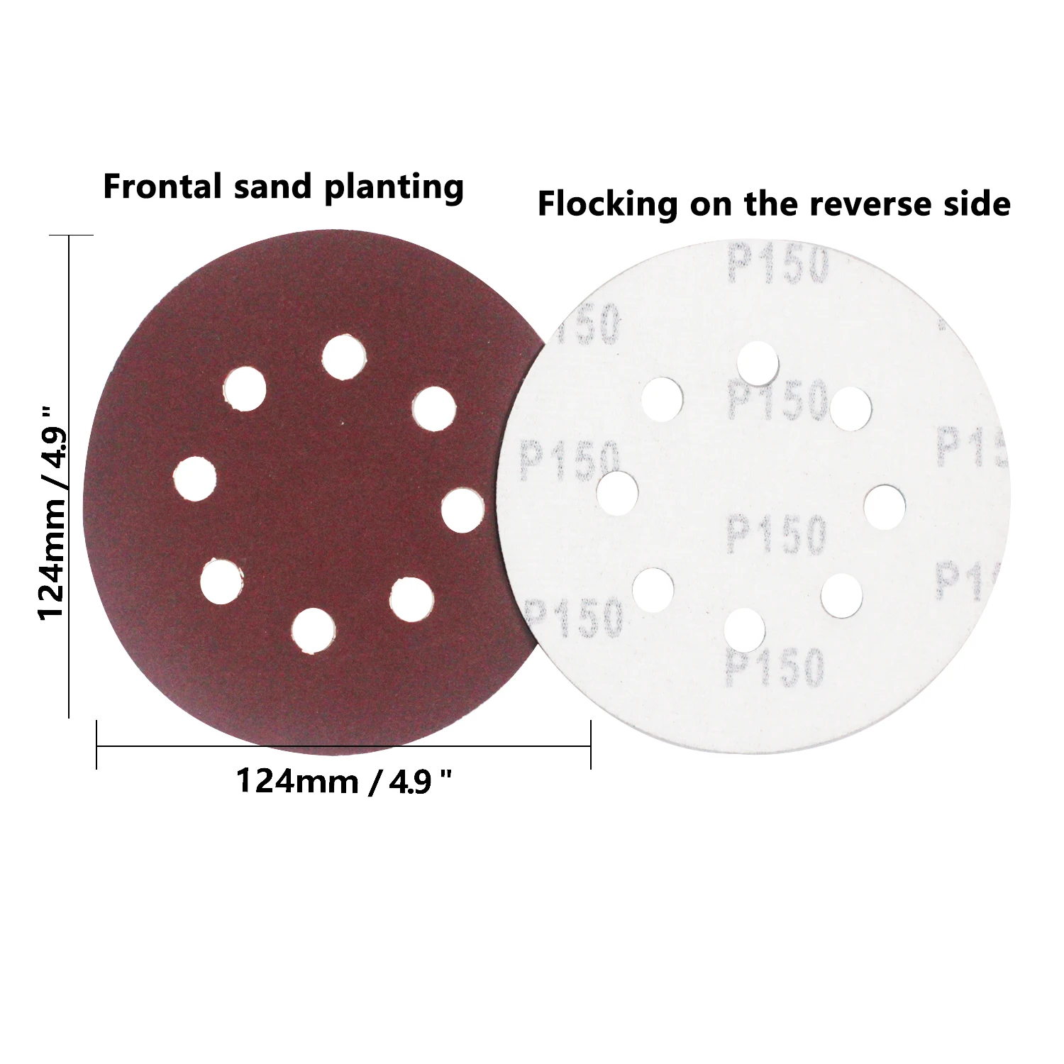 20 قطعة أقراص صنفرة 5 بوصة 8 فتحات 150 فريك بدون غبار بخطاف وحلقة أقراص ورق الصنفرة من أكسيد الألومنيوم المستديرة