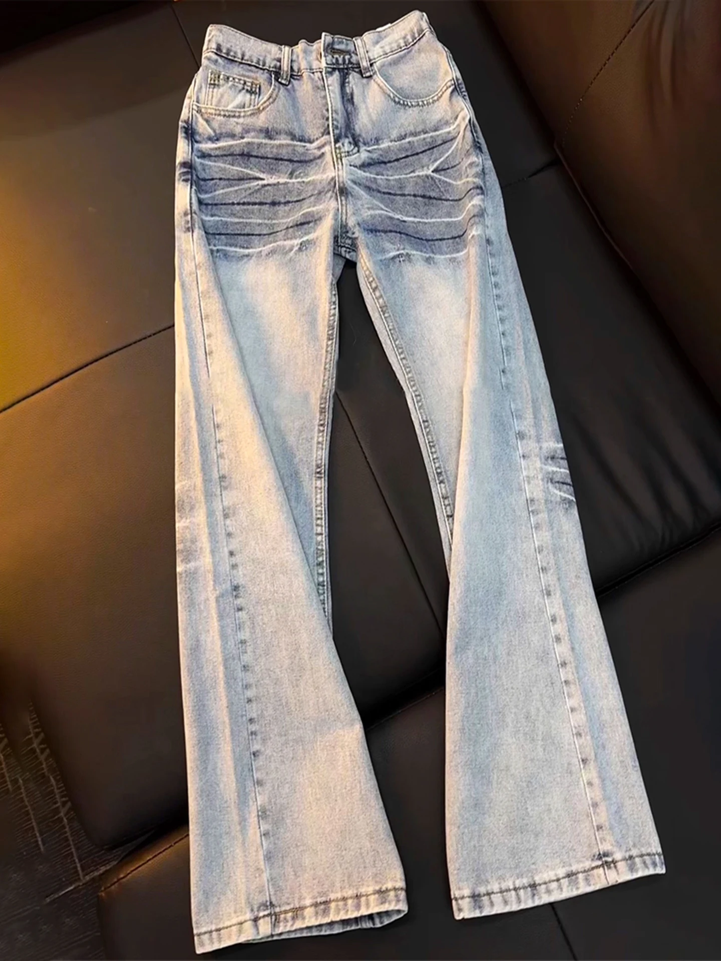 

Waed Blue Lightning Pattern Bell Bot Jeans Men's Autumn Winter Fce Lined Straight Leg Slim Fit American High Street S...