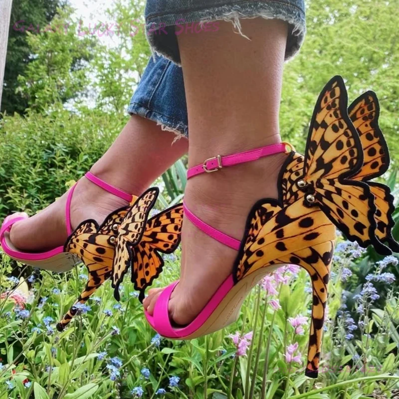 

Pink Graffiti Embroidered Wings High Heels Women Elegant Black Stiletto Open Colorful Butterfly Design Ankle Buckle Evening Shoe