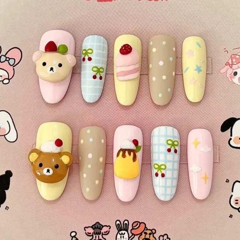 Kawaii Rilakkuma Cartoon Press-on Fake Nails Hand Drawn Removable Wear Armor Nail Art Women Accessories Decoration Girls Gift