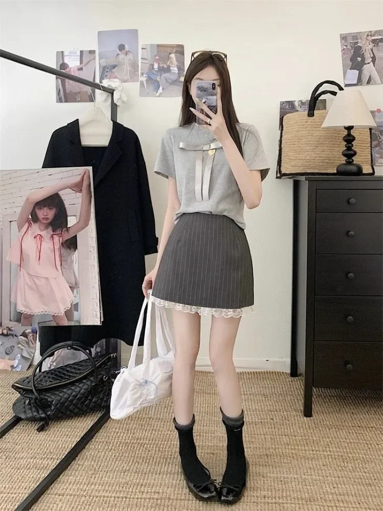 

Ezgaga мини-юбки женские во французском стиле с высокой талией кружевные лоскутные милые элегантные модные полосатые юбки женские повседневные шикарные