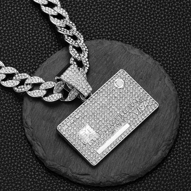 Men's Hip Hop Alloy Square Bank Card Shield Pendant Cuban Chain Jewelry