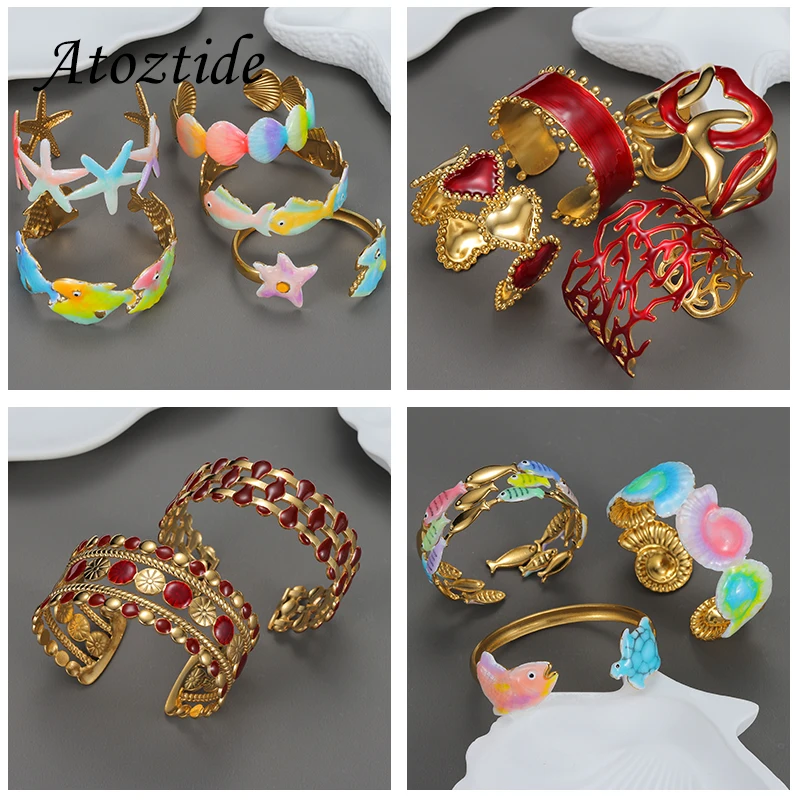 Atoztide العصرية الملونة واسعة سوار للنساء الفولاذ المقاوم للصدأ قابل للتعديل خمر المبالغة المفتوحة الإسورة عيد الميلاد مجوهرات هدية