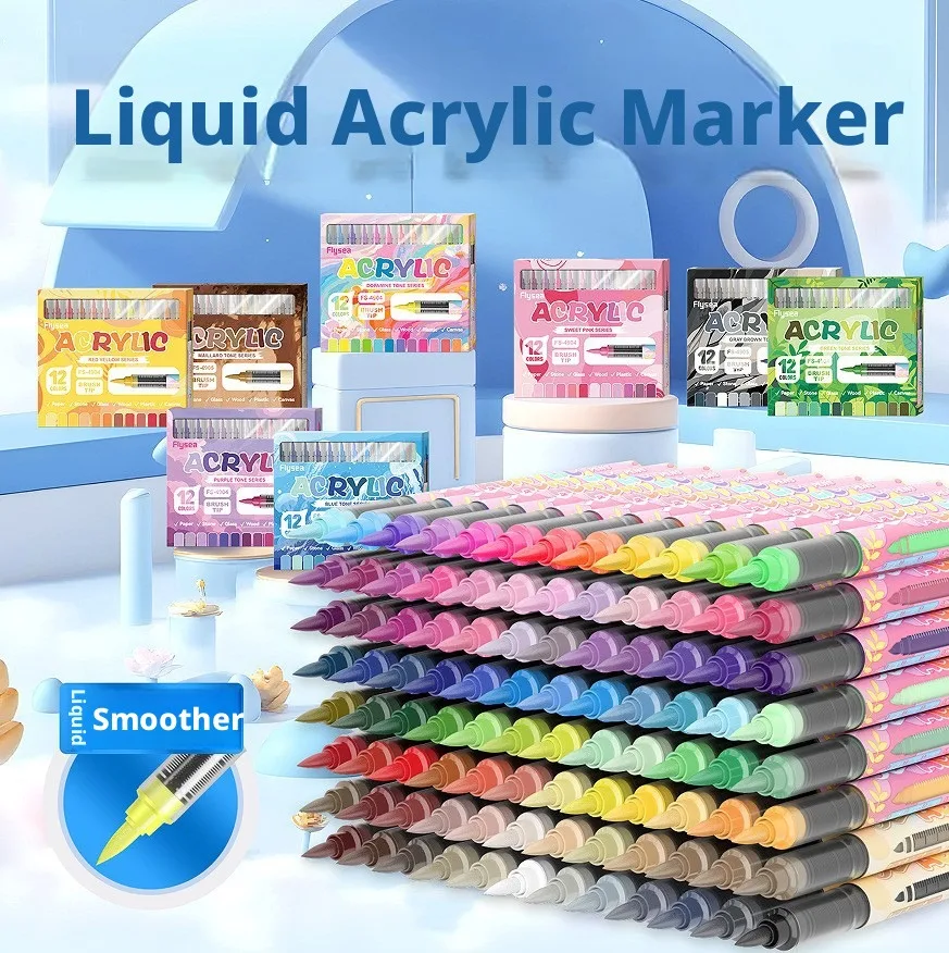 Direct Liquid Acrylic Paint Markers 12 Colors Soft Brush Tip Waterproof Acrylic Pens for Rock Canvas DIY Graffiti Art Craft Draw