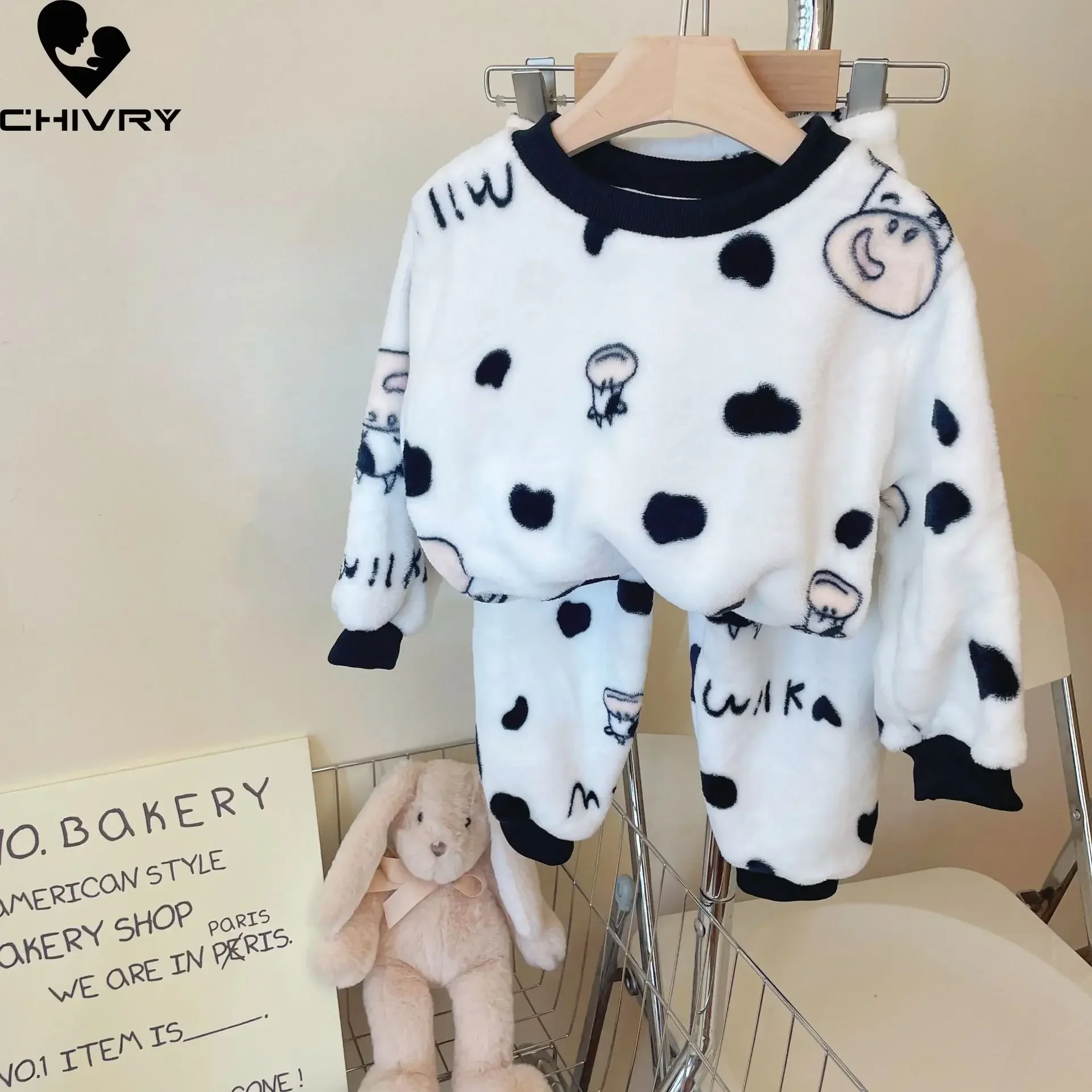 New 2023 Autumn Winter Kids Thicken Soft Flannel Pajamas Sets Baby Boys Girls Cartoon O-neck Pullover Warm Sleeping Sets Pyjamas