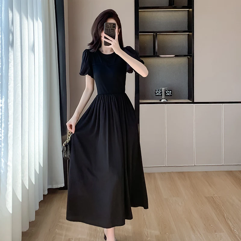 

2024 Hepburn Style Black High Waist Long Dress New Temperament Summer Bubble Sleeve Round Collar Office Ladies Causal Clothes