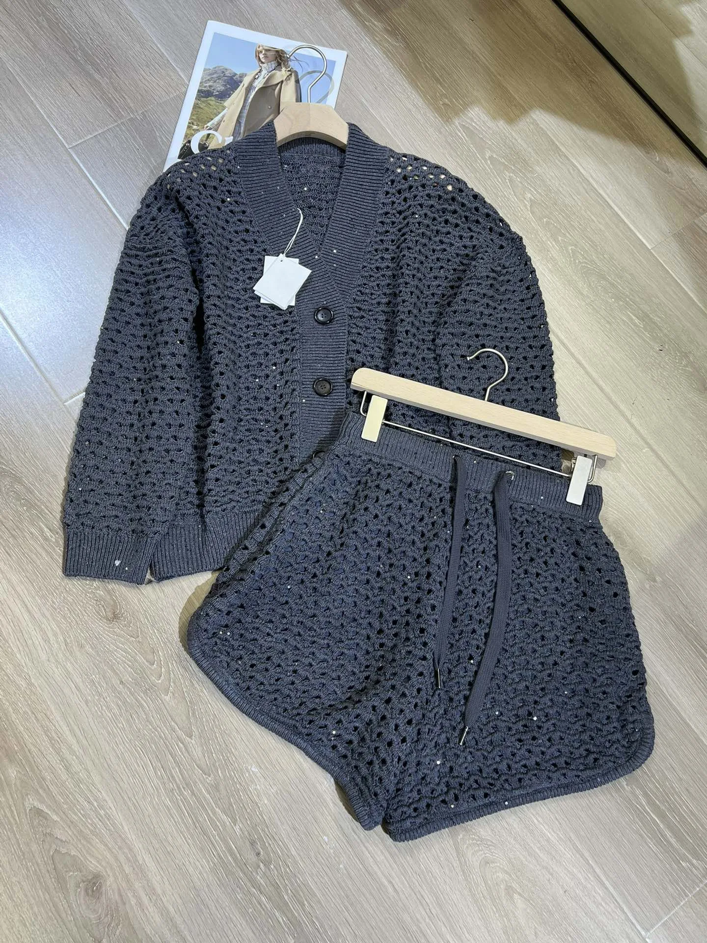 

New Spring And Summer Shining Loose Hollow Sequin Cotton Linen Knit Cardigan + Shorts Set