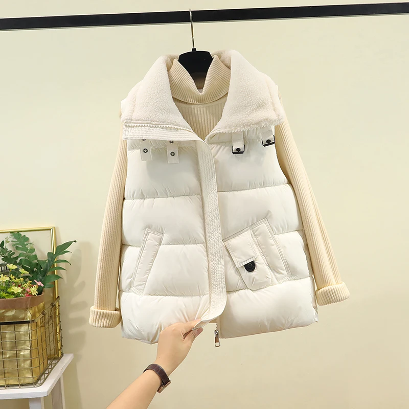 

Faionable Thiened Cotton Vest Women's Jaet Autumn Winter New Sle Lamb Fur Collar down oulder Vest All-Match Zipper ...