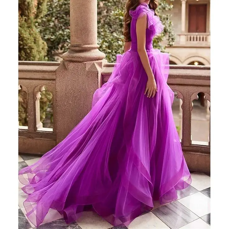 Luxurious Fuchsia Prom Dresses Sleeveless Tulle V Neckline Ruffles Formal Party Special Occasion Women Evening Gowns Long