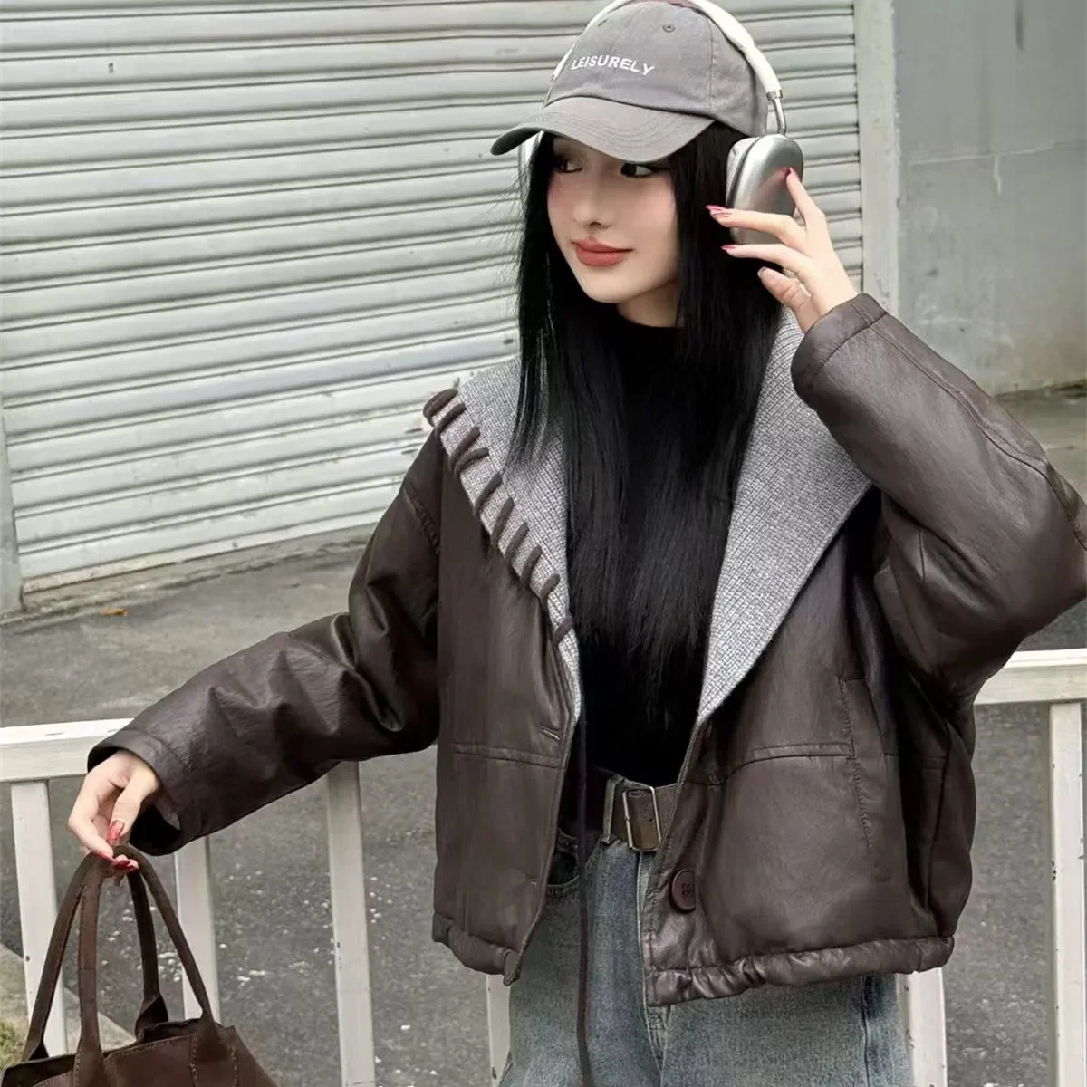 2025 primavera outono novo coreano contraste cor de malha costura jaqueta feminina outwear moda solta curto chique casual casaco de couro