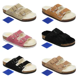 luxury designer brand arizona sandals men winter fluff slippers flat soft sole with buckles warm women slippers with shoebox