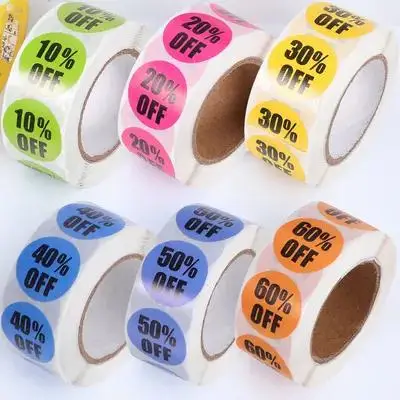 

6 рулонов самоклеящихся круглых наклеек с указанием процентной скидки для демонстрации товаров в розничных магазинах и супермаркетах, распродажа остатков