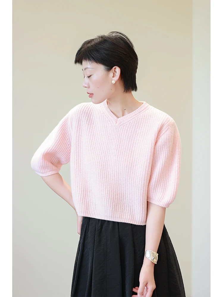 

Новый женский вязаный свитер из чистой шерсти с V-образным вырезом, укороченный, свободного кроя, в стиле ретро, белый, весенний, повседневный, модный