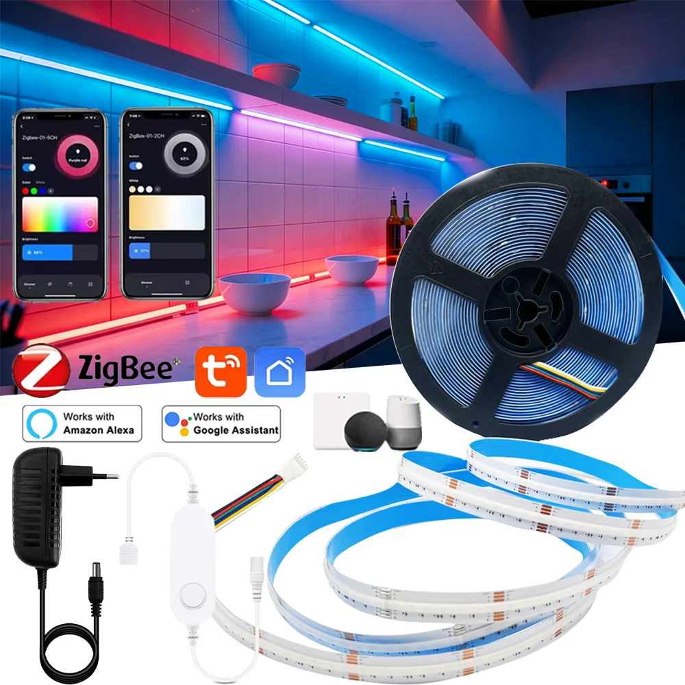 Tuya Zigbee 3.0 Hochdichtes Flexibles COB RGBCCT Band DC24V 6-Pin 840LED/m LED-Streifen Intelligente Steuerung für Alexa Smartthings