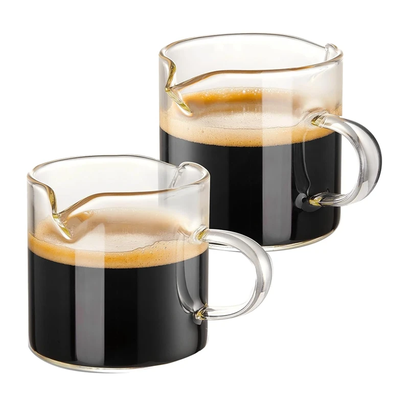 Espresso Cups Set Of 2, 4 OZ Double Spouts Cups, Espresso Shot Glasses, Milk Cup With Handle, Clear Glass, Espresso