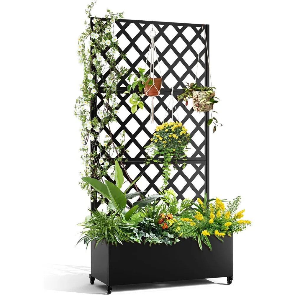 Metal Planter Box with Lattice Trellis for Climbing Plants, Galvanized Raised Garden Bed On Wheels, Garden Bed(73