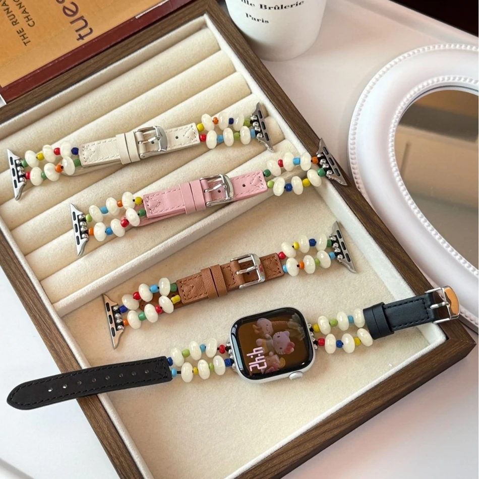 

Colored Beaded Leather Bracelet For Apple Watch Band S11/10/9/8/7/6/5/4/Ultra iWatch Strap 49/46/45/44/42/41/40/38mm Fashionable