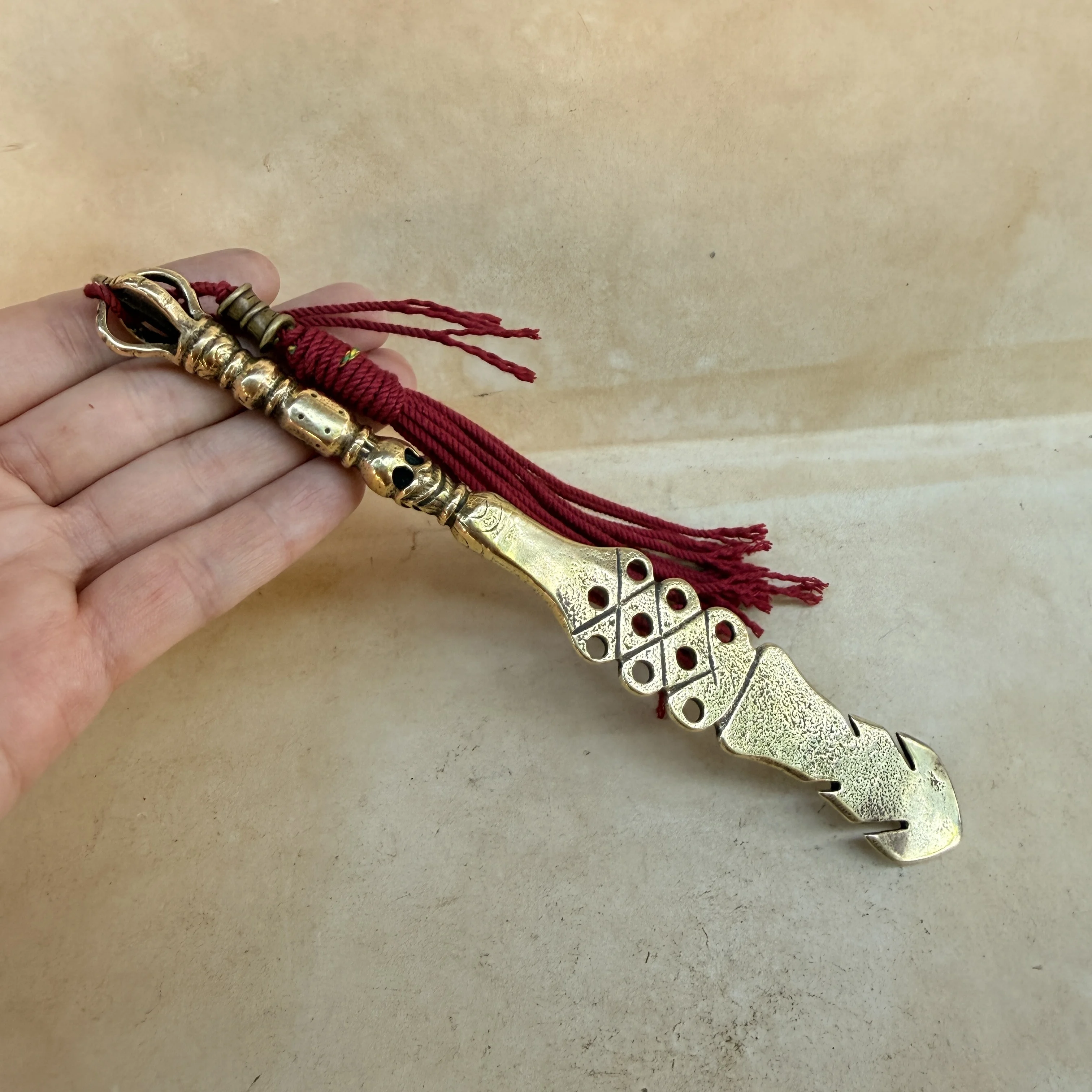 Tibetan Brass Phurba Ritual Knife, Antique Skull with Red Tassel, Buddhist Spiritual Protection Tool