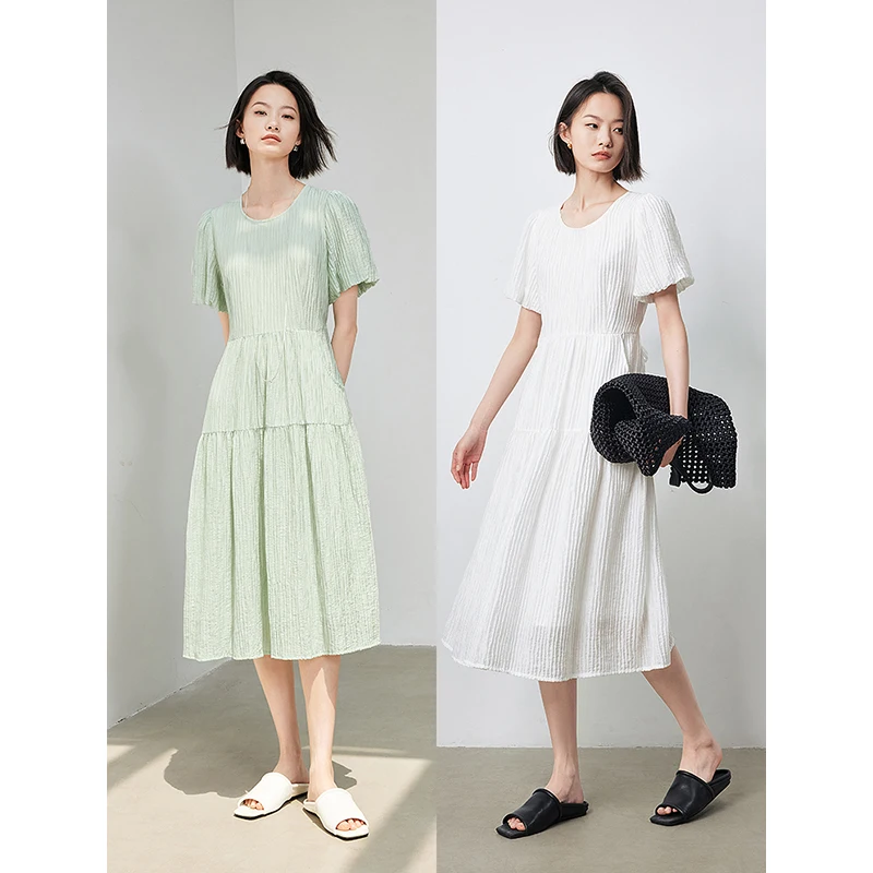 TOYOUTH Women Dress 2024 Summer New Elegant Solid Pleated Round Neck Puff Sleeves Mid Length Casual Dress With Waistband