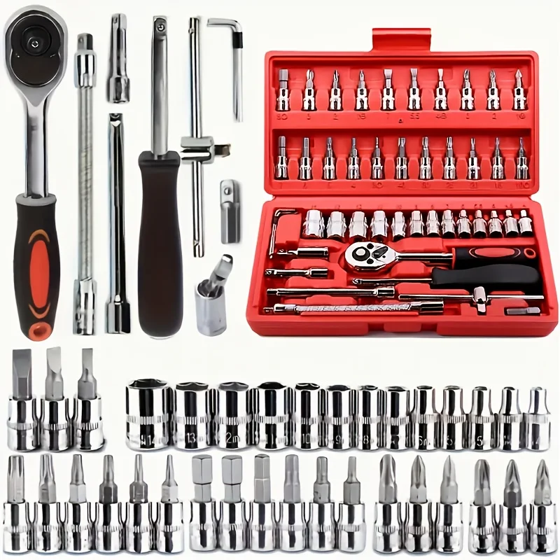 車両修理用に設計された46種類の工具のコレクション、プラスチック製の収納ボックスに入ったバイク修理キットを含む。