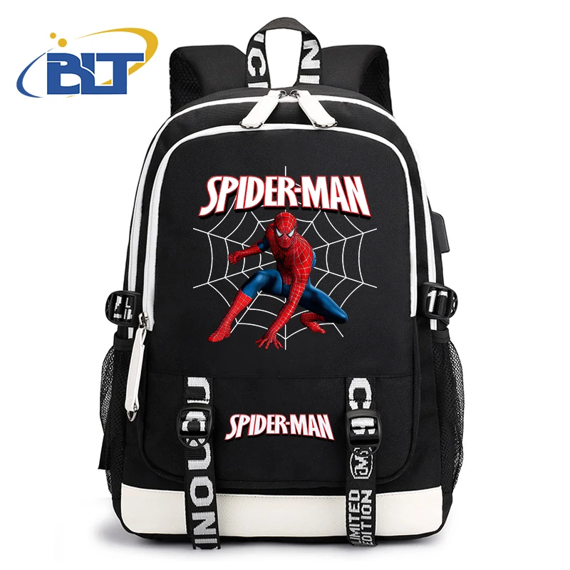 Spiderman print kids backpack student USB schoolbag casual black bag for boys