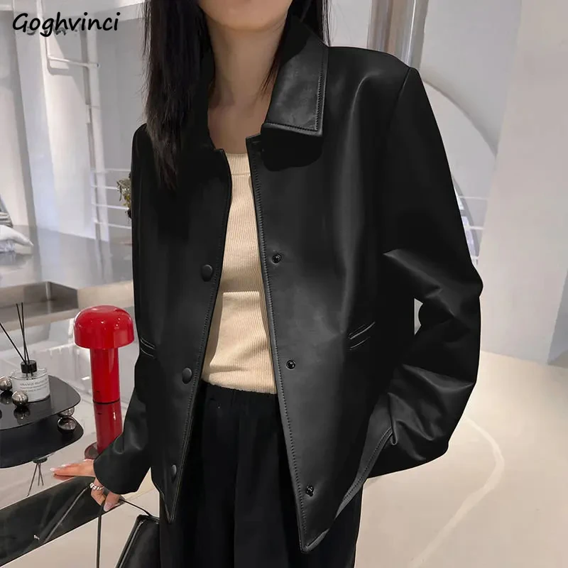 

Куртки из искусственной кожи, женские свободные винтажные простые M-4XL, модные офисные женские весенние шикарные дизайнерские пальто, универсальные однотонные