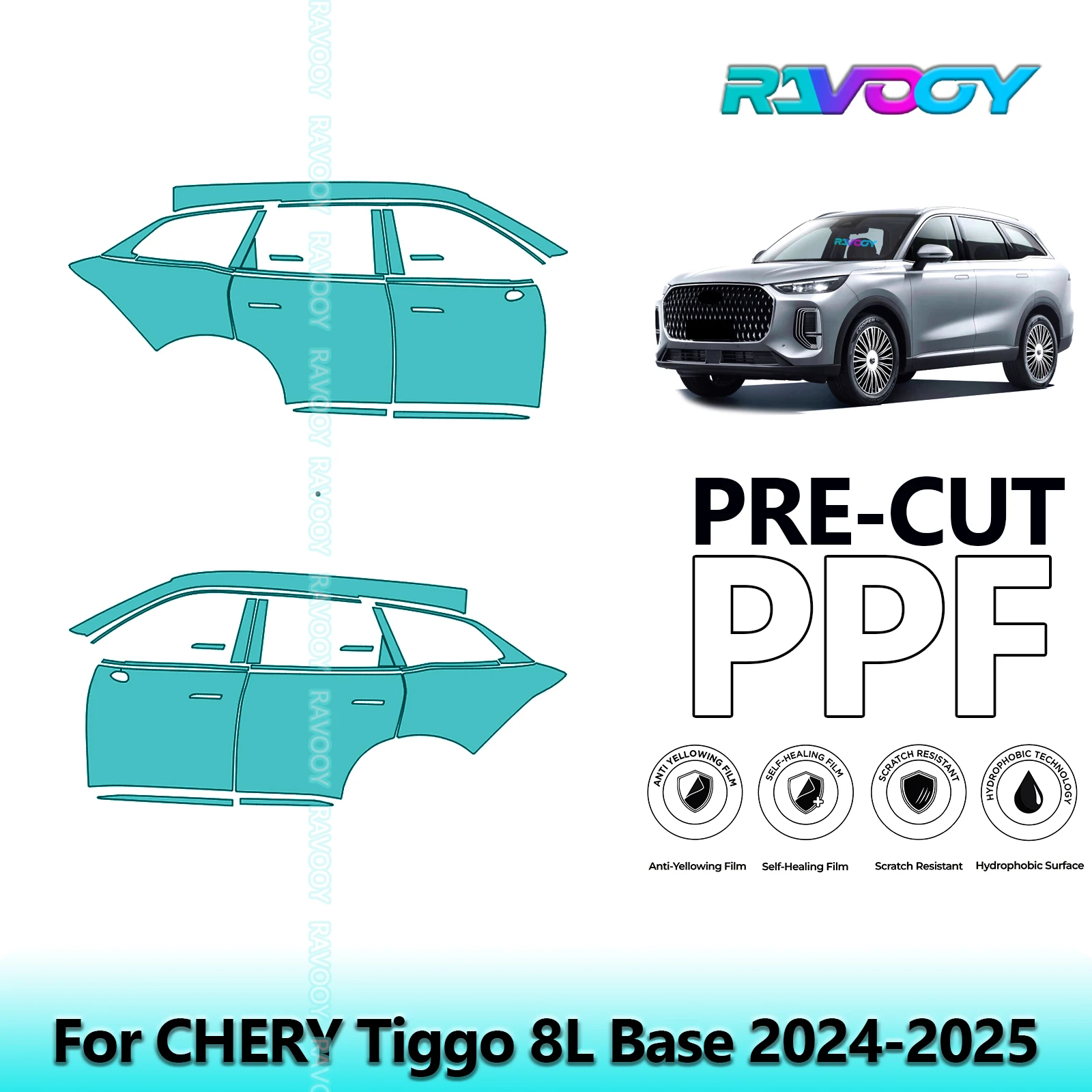 

For CHERY Tiggo 8L Base 2024-2025 8.5mil Clear Matte Pre-Cut PPF Door & A/B Pillar Kit TPU Paint Protection Film Set