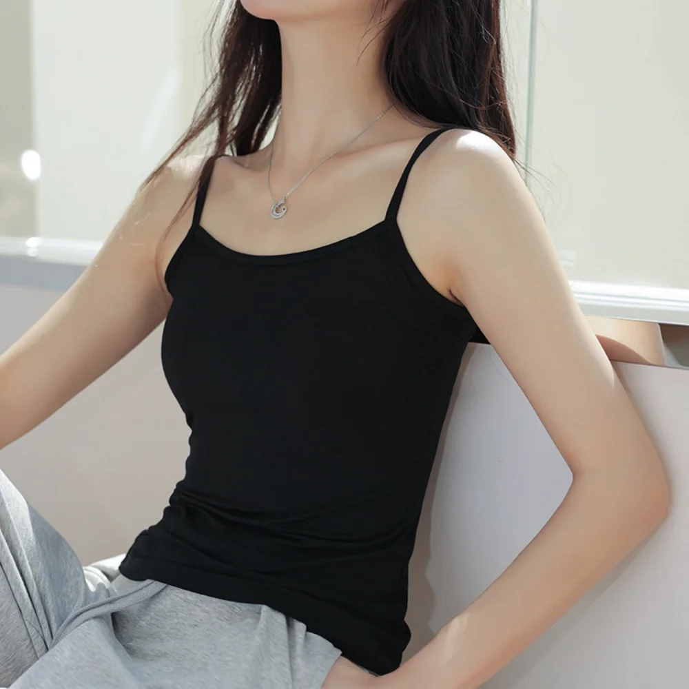 Women Solid Color Cotton Camisoles Summer Girl Sexy Sleeveless T-Shirt Thin Camisole Tank Top Simple White Black Slim Crop Top