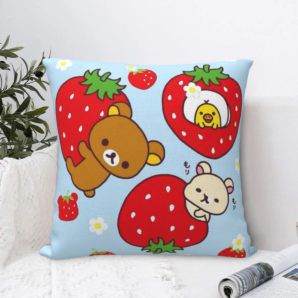 

Strawberry Cojines Throw Pillow Case Rilakkuma Bear Cushion Home Sofa Chair Print Decorative Coussin