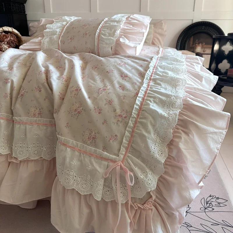 Pink Floral Double Layer Lace Ruffles 100% Cotton Bedding Set Duvet Cover Set Bed Sheet/Bed Skirt/Fitted Sheet Pillowcases 4Pcs