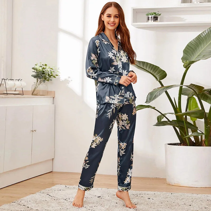 Herfst pyjama dames zijde satijnen pyjama set lange mouw tops en broek tweedelige set nachtkleding loungewear knoop Pijama Pj