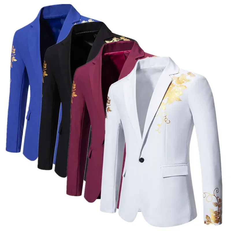 2024 New Men Business Social Suit Loose Jacket Black / White / Royal Blue Fashion Male Wedding Prom Party Rose Printed Blazers