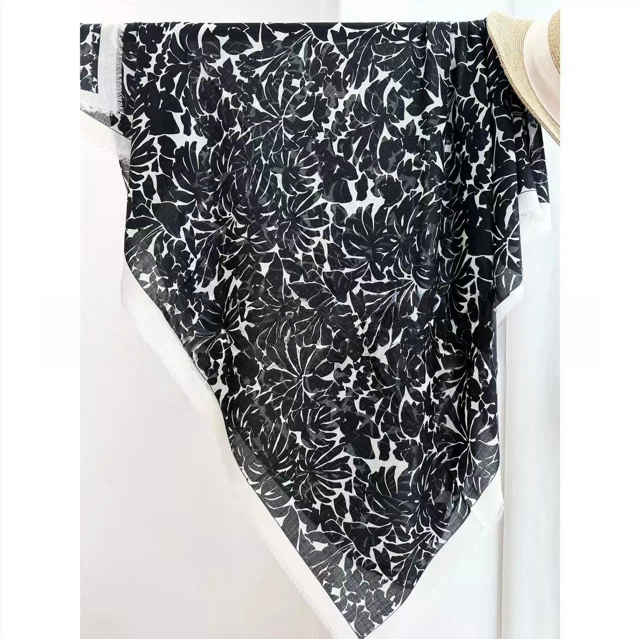 Women's 100% Wool Large Square Scarf Black‑White Floral Print Fringed Edge Shawl Wrap for Head Neck Shoulder Cape