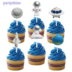 6PCS Astronaut Cupcakes Topper Resin Spaceman Cake Topper For Kids Boys Cosmic Outer Space Themed Birthday Party Decorations