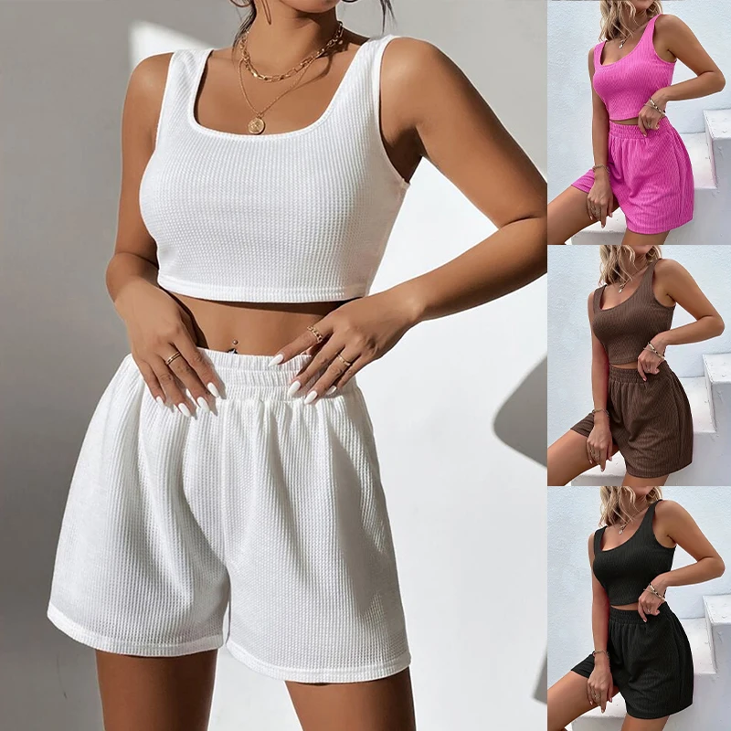 Korean Fitness Basic Female Cropped Top Sports Bodycon 2 Piece Set Summer Solid Color Elastic Waist Loose Oversized Street Short