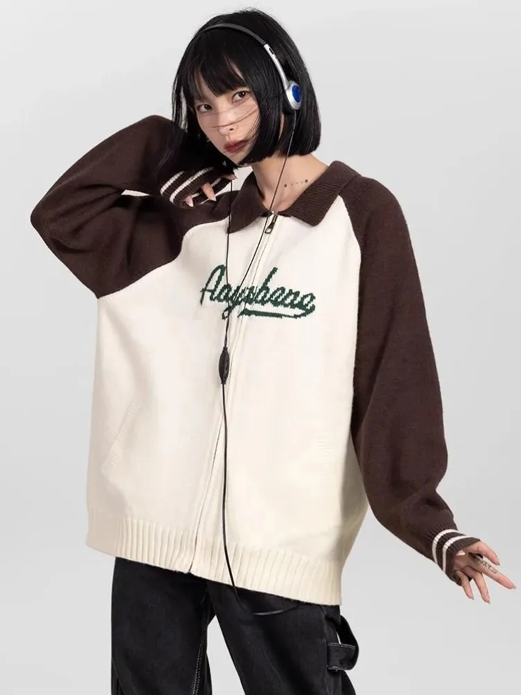 

New Letter Cardigan Sweaters Women American Loose Vintage Knitted Baseball Jacket Long Sleeve Casual Streetwear Patchwork Tops