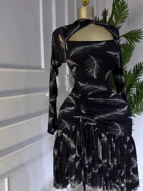 JENYAGE Damen Sexy Blumen-Mesh-Bodycon-Midikleid mit Kreuzausschnitt am Hals, Langen Ärmeln, Wickel- und Taillenbund, Rüschensaum, Cocktailkleid – Detail 5