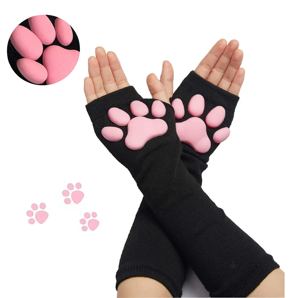 

1 Pair 3D Silicone Cushioned Cat Paw Fingerless Gloves - Women's Cute Black&White Anime Cosplay Arm Hand Protectors ﻿